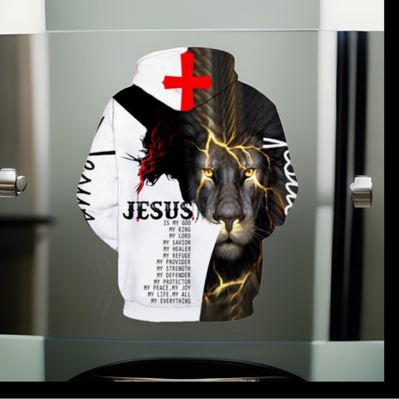 LION & JESUS On The Cross WVerse Long Sleeve kangaroo Pocket Hoodie Pullover - Picture 2 of 7